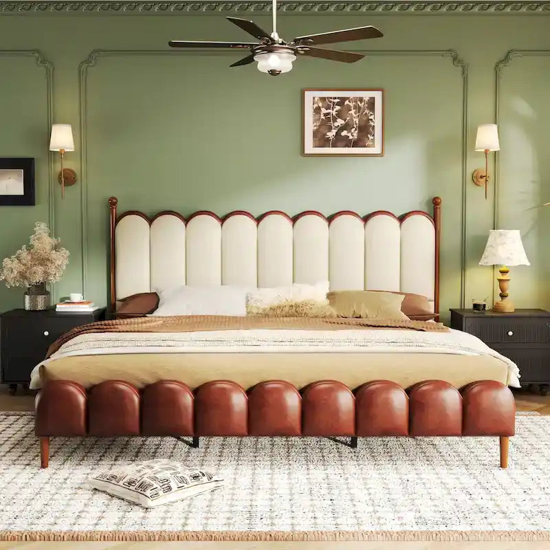 Leather Upholstered Bed With Headboard And Footboard, Solid Wood Bed Frame And Legs, No Mattress Base Required.