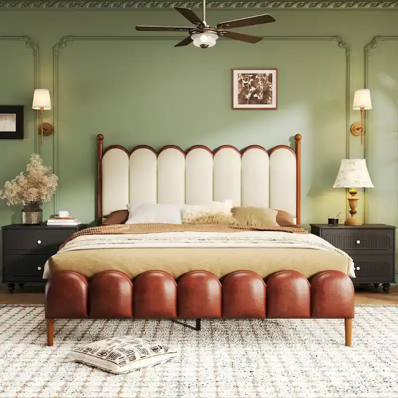 Leather Upholstered Bed With Headboard And Footboard, Solid Wood Bed Frame And Legs, No Mattress Base Required.
