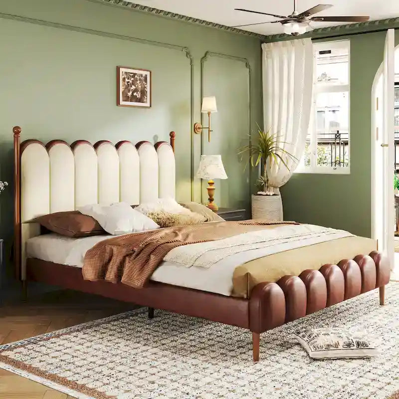 Leather Upholstered Bed With Headboard And Footboard, Solid Wood Bed Frame And Legs, No Mattress Base Required.