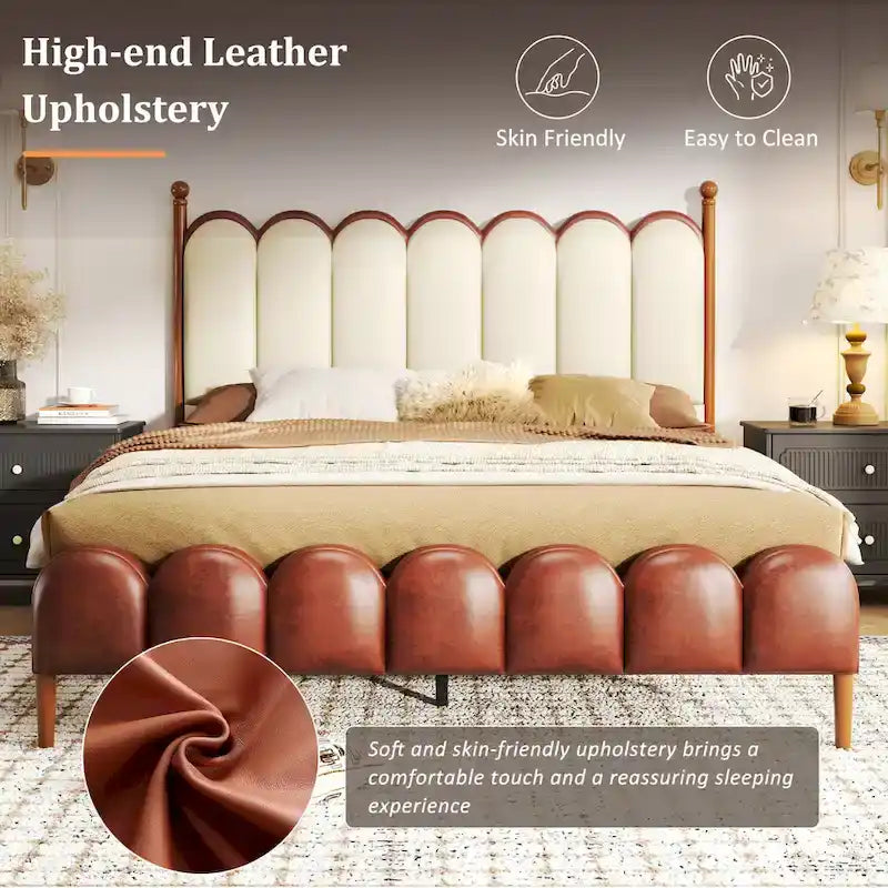 Leather Upholstered Bed With Headboard And Footboard, Solid Wood Bed Frame And Legs, No Mattress Base Required.