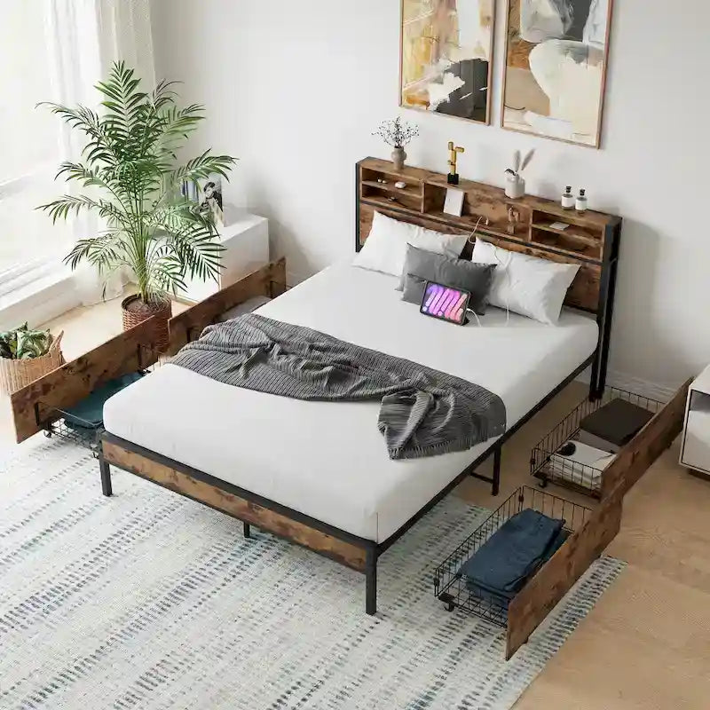 Queen Size Panel Bed with Storage Headboard Drawers