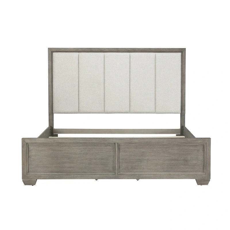 Grey Wood Bedroom Set, Including Upholstered Bed, Dressing Table, Mirror And Bedside Table.