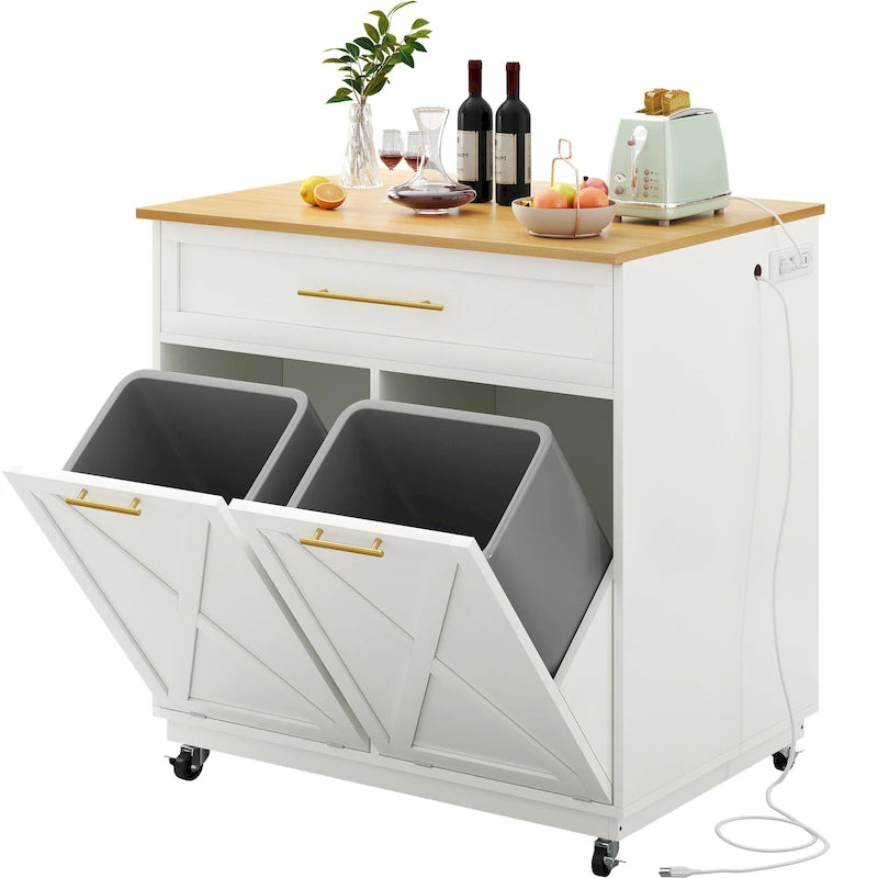 Mobile Kitchen Island Trolley With Trash Can And Storage Cabinet