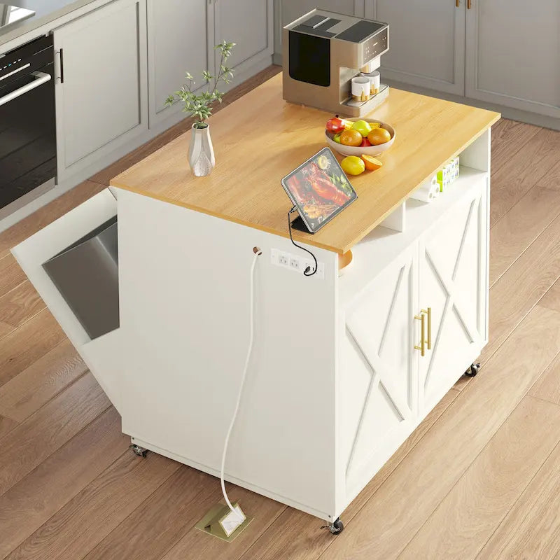 Mobile Kitchen Island Trolley With Trash Can And Storage Cabinet
