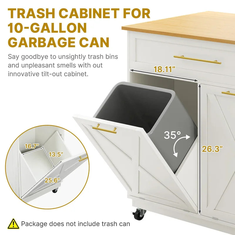Mobile Kitchen Island Trolley With Trash Can And Storage Cabinet