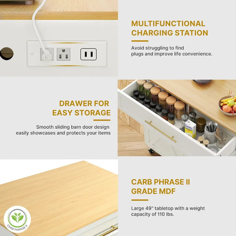 Mobile Kitchen Island Trolley With Trash Can And Storage Cabinet