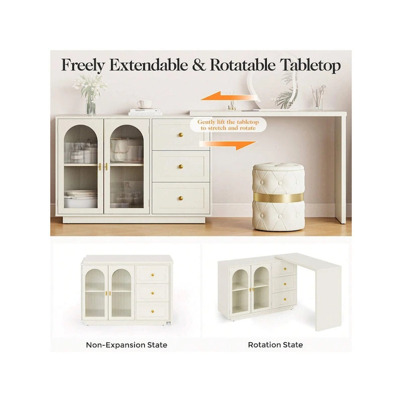 Extendable Corner Dressing Table, Double-Door Vanity, Mirror Not Included