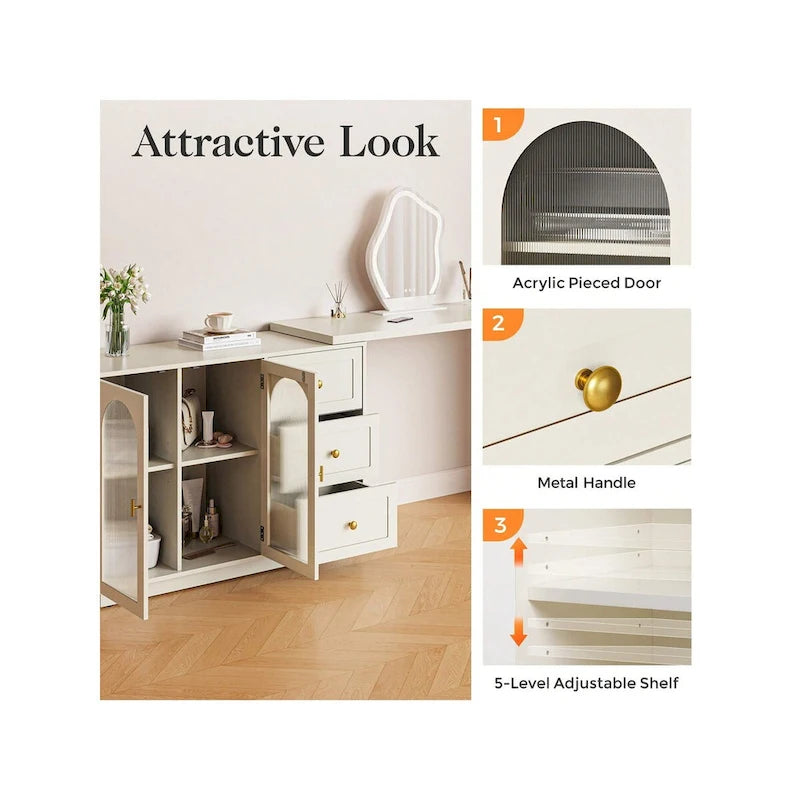 Extendable Corner Dressing Table, Double-Door Vanity, Mirror Not Included