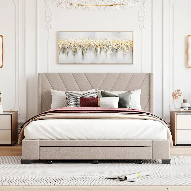 Queen-Size Linen Upholstered Platform Bed With 3 Drawers And Storage Space