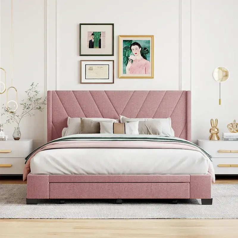 Queen-Size Linen Upholstered Platform Bed With 3 Drawers And Storage Space