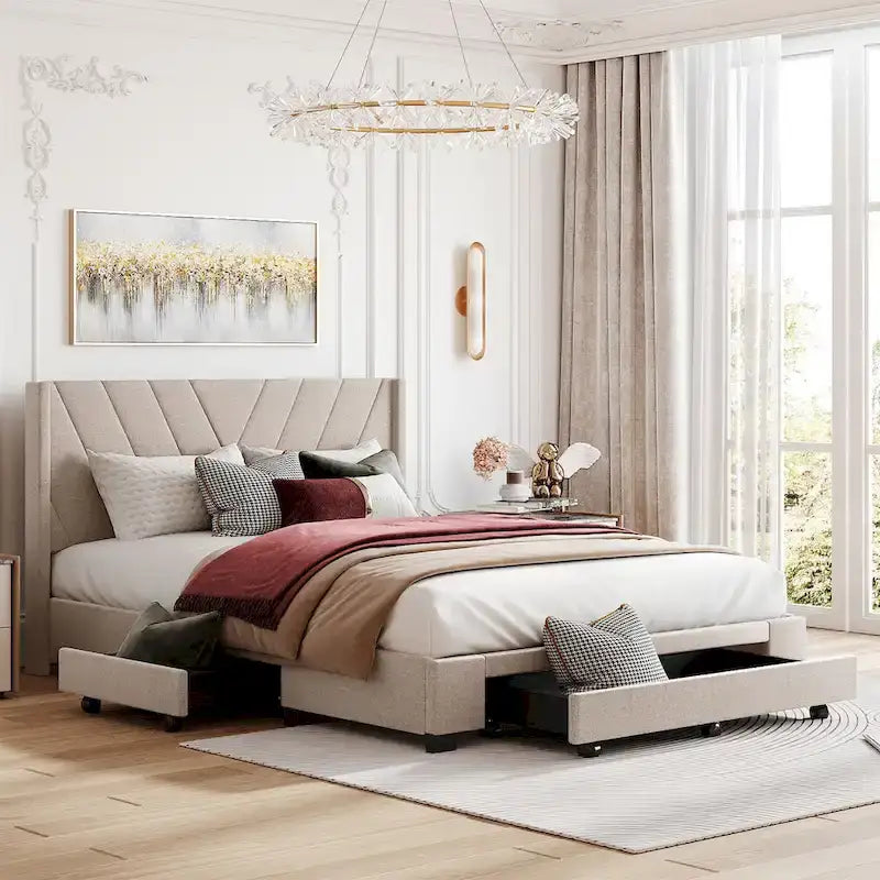 Queen-Size Linen Upholstered Platform Bed With 3 Drawers And Storage Space