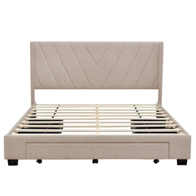 Queen-Size Linen Upholstered Platform Bed With 3 Drawers And Storage Space