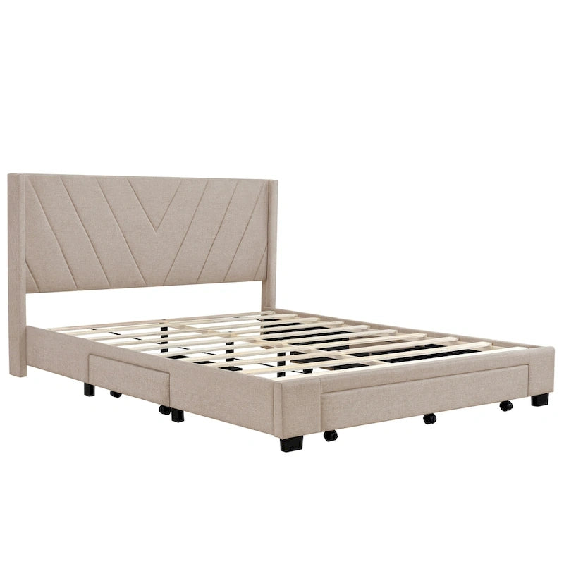 Queen-Size Linen Upholstered Platform Bed With 3 Drawers And Storage Space