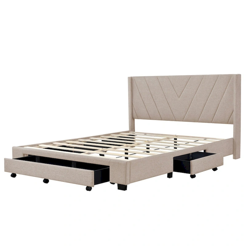 Queen-Size Linen Upholstered Platform Bed With 3 Drawers And Storage Space