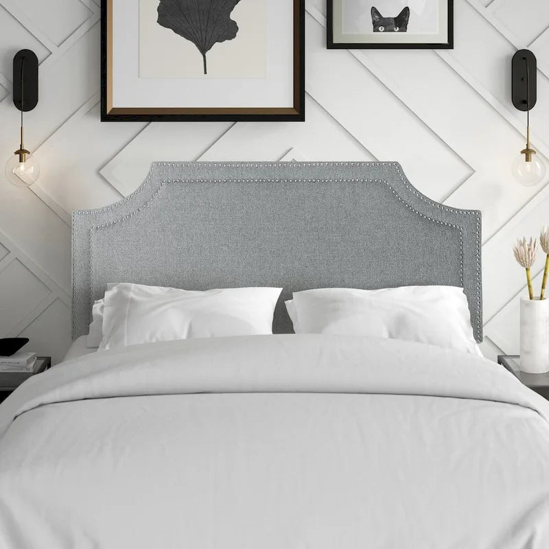 Upholstered Headboard With Rivet Embellishments, Suitable For King-Size Beds.
