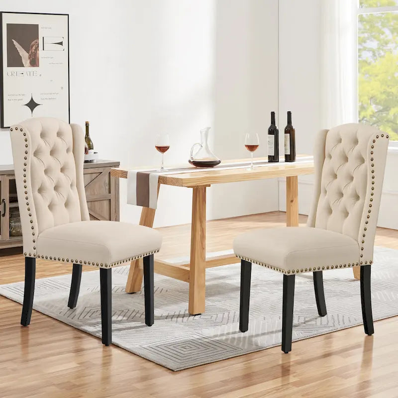 Two Upholstered Dining Chairs, Button Quilting, Rivet DecoraTions.